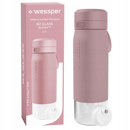 Wessper Butelka szklana na wodę filtrująca GLASS Actitex różowa 700 ml