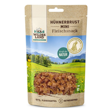 WILDES LAND Hühnerbrust MINI - filet z piersi kurczaka MINI kosteczki - przysmaki mięsne dla psa i kota (70g)