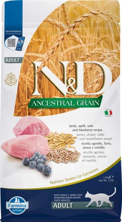 Farmina N&D Ancestral Grain Lamb & Blueberry Adult - sucha karma dla kota - 1,5kg