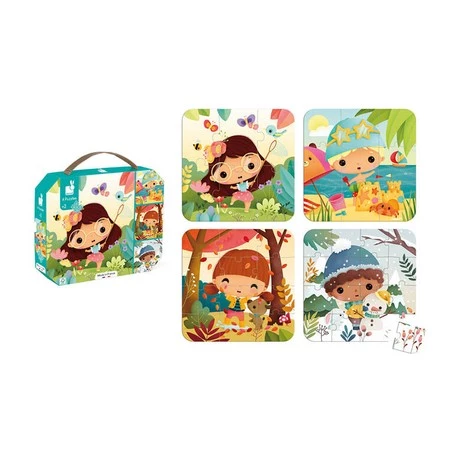 Janod Puzzle progresywne w walizce Pory roku 4 układanki – 6, 9, 12 i 16 elementów 2+, Made in France (stary indeks: J02658)