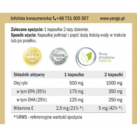 Yango Omega 3 kwasy tłuszczowe DHA i EPA 60 kaps.