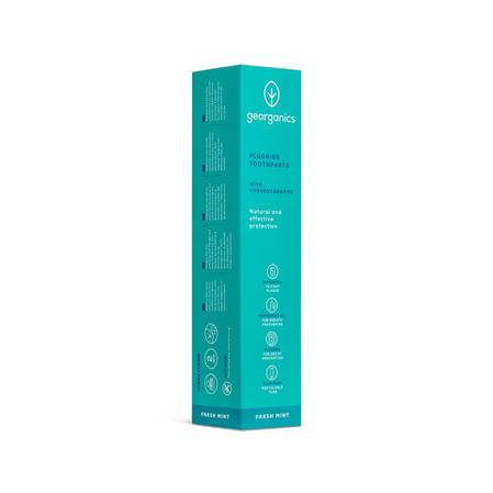 Georganics, Naturalna, remineralizująca pasta do zębów, z hydroksyapatytem i fluorem, do codziennej pielęgnacji i na świeży oddech, smak świeżej mięty, 75 ml