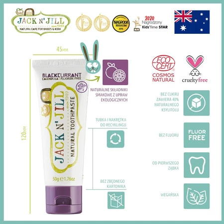 Jack N' Jill, Naturalna pasta do zębów dla dzieci o smaku czarnej porzeczki bez fluoru, 6m+, 50 g