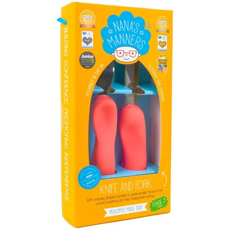 Nana's Manners, ETAP 3, Sztućce do samodzielnego jedzenia, widelec i nóż, różowe, 3-9 lat