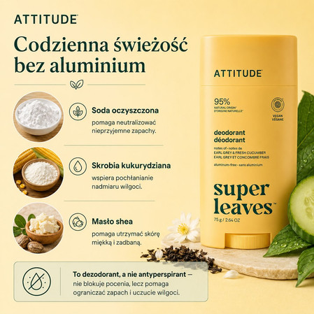 Attitude Super Leaves, Dezodorant w sztyfcie, Earl Grey i świeży ogórek, 75 g