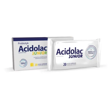 Acidolac Junior wsparcie mikroflory jelitowej i odporności dzieci 20 misio-tabletki smak czekoladowyi