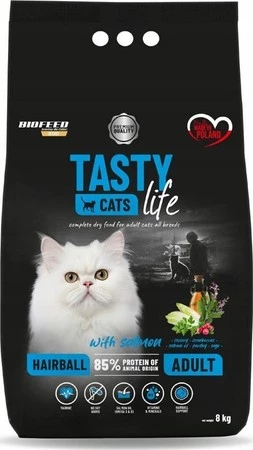 Tasty Cats Life Karma dla kotów, przeciwko powstawaniu kul włosowych, z łososiem 8 kg