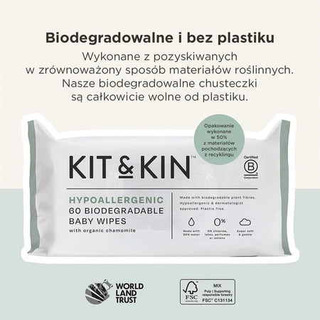 Kit & Kin, Chusteczki nawilżane dla dzieci, 60 szt.