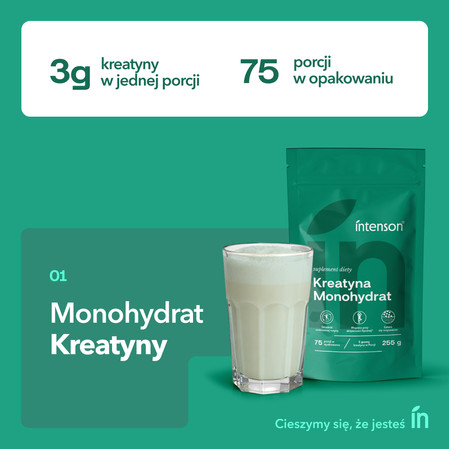 Zestaw Intenson Kreatyna: 1x Monohydrat 255g pure, 1x Monohydrat smak mango-marakuja 260g i 1x Monohydrat smak truskawka-arbuz 260g