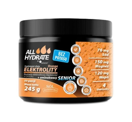 ALLHydrate, Elektrolity Senior BEZ POTASU Orange  245g, 50 porcji