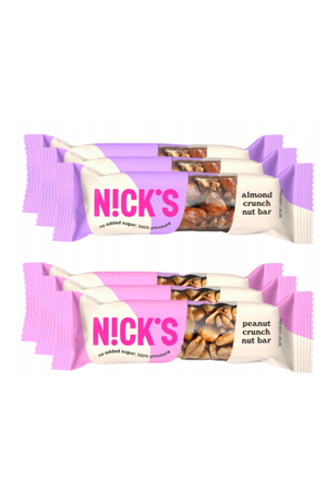 Zestaw mix smaków batonów N!CK'S: 5szt. Nut Bar Almond Crunch (vegan) 40g, 5szt. Nut Bar Peanut Crunch (vegan) 40g