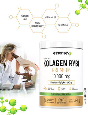 Essensey Kolagen Rybi 10000 mg na stawy, włosy z kwasem hialuronowym 321g smak zielona herbata