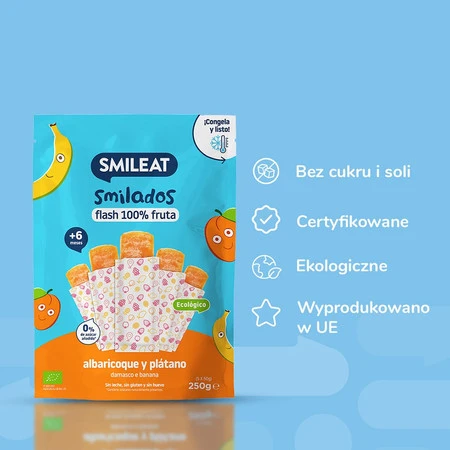 Smileat, BIO Smilados, Mus owocowy do mrożenia o smaku moreli i banana, idealny na ząbkowanie 6m+, 5x50g