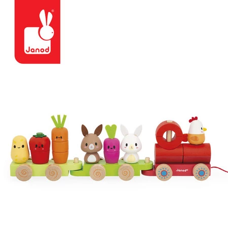 Zestaw drewniane klocki - pociąg z figurkami Farma dla dzieci, 12m+, Janod
