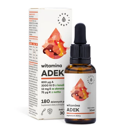 Aura Herbals − ADEK, witamina A + D3 (2000 IU) + E + K2 w kroplach − 30 ml