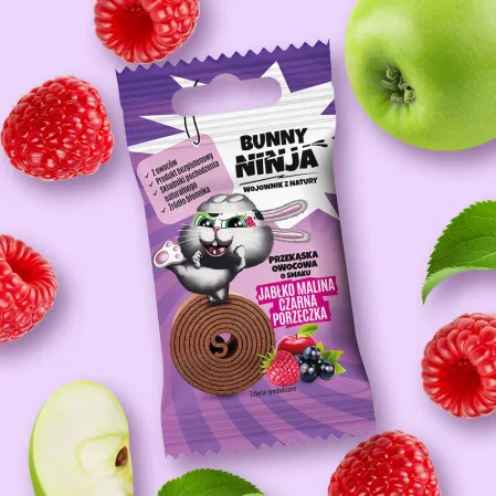 Zestaw 5x Bunny Ninja - Przekąska owocowa o smaku jabłko-malina-czarna porzeczka 15g zero cukru bezglutenowa