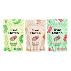 Zestaw smaków: 1x True Dates Sour Apple daktyle o smaku kwaśnego jabłka 100g, 1x True Dates Sour Cola daktyle o smaku coli 100g i 1x   True Dates Watermelon daktyle o smaku arbuza 100g