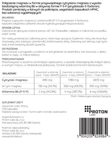 Proton Labs Magnez (cytrynian magnezu) + B6 (P-5-P) p5p Suplement Diety 100 kaps.