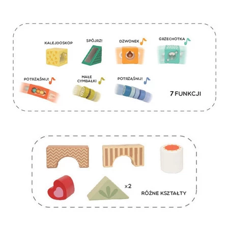 Classic World − Drewniane klocki sensoryczne 8 funkcji, układanka multifunkcyjna kształty dźwięk 18 el.
