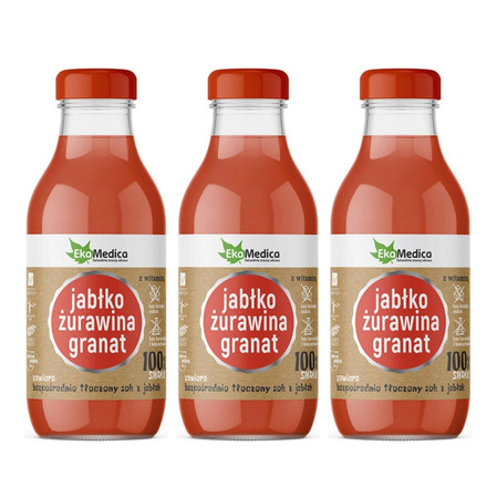 Zestaw: 3x EkaMedica - Sok 100% jabłko - żurawina - granat - 300 ml