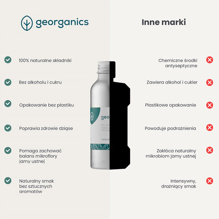 Georganics, Olej do płukania jamy ustnej, z naturalnym składem, do codziennej pielęgnacji, smak zielonej mięty, 100 ml