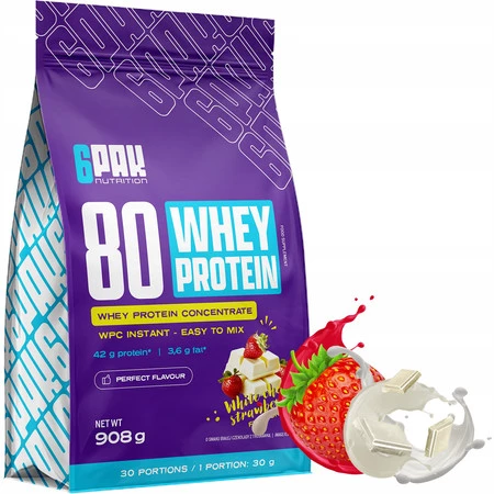 6PAK 80 WHEY PROTEIN odżywka białkowa WPC 908 g smak biała czekolada - truskawka