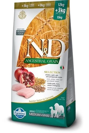 N&D Ancestral Grain  karma dla dorosłych psów ras średnich i dużych Kurczak, Owies, Orkisz, Owoc Granatu 15Kg