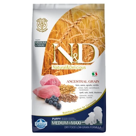 N&D ANCESTRAL GRAIN KARMA Sucha DLA SZCZENIĄT z jagnięciną, orkiszem i borówką amerykańską MEDIUM & MAXI 12KG