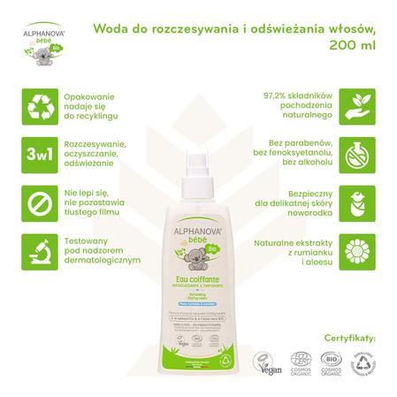 Alphanova Bebe Bio, Woda do rozczesywania i odświeżania włosów dla dzieci, 200 ml