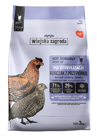 Wiejska Zagroda Sterilized Kurczak z przepiórką Prebiotyk - Karma sucha dla kota - 3kg