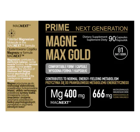 Prime Next Generation MAGNEZ 400 mg na zmęczenie, mięśnie i układ nerwowy MAGNE MAX GOLD MAGNEXT™ 90 kaps. 90 dni stosowania