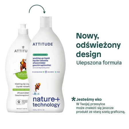 Attitude NATURE+, Płyn do mycia naczyń o zapachu zielonego jabłka i bazylii, 700 ml