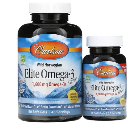 Carlson Labs Elite Omega 3 1600mg  90 + 30 kaps. smak cytryna