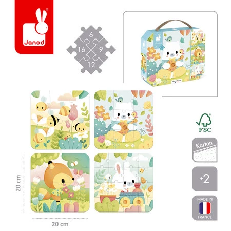 Janod Puzzle progresywne w walizce Zwierzątka Pure 4 układanki – 6, 9, 12 i 16 elementów 2+ Made in France