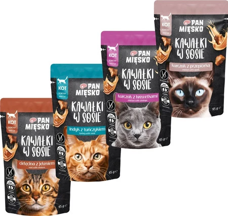 Zestaw 12x Pan Mięsko Karma mokra dla kota Kawałki w sosie Kurczak z przepiórką kot dorosły 85 g