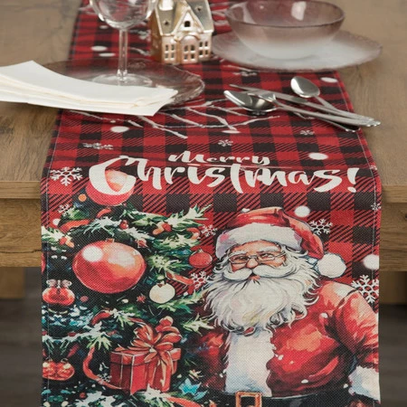 Bieżnik świąteczny rozm.: 33 x 183cm, kolor czerwony w kratę z Mikołajem
