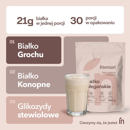 Intenson Wegańskie białko smak biała czekolada i malina 900g