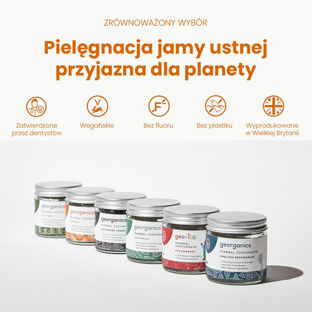 Georganics, Mineralna pasta do zębów w słoiku, bez fluoru, do codziennej pielęgnacji, smak pomarańczowy, 60 ml