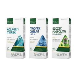 Zestaw: 1x Medica Herbs Kolagen Morski 60 kaps., 1x Medica Herbs Magnez Chelat + Witamina B wsparcie dla energii, odporności 60 kaps., i 1x Medica Herbs Szczeć pospolita (Teasel Root) 500mg, 60 kaps. 