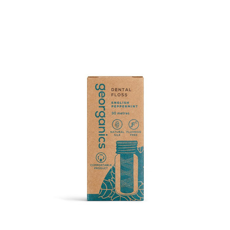 Georganics, Naturalna nić dentystyczna z jedwabiu, w szklanym opakowaniu Zero Waste, do codziennej pielęgnacji, smak mięty pieprzowej, 50 m