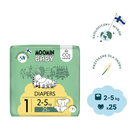 MOOMIN Baby, Pieluszki 1 NEWBORN 2-5 kg, 25 szt. EKO