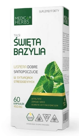 Medica Herbs Tulsi Święta Bazylia 450mg wspomaga prawidłową reakcję organizmu na stres60 kaps.