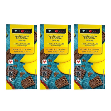 Zestaw: 3x Pure & Good Czekolada mleczna z mango bez dodatku cukru 75g
