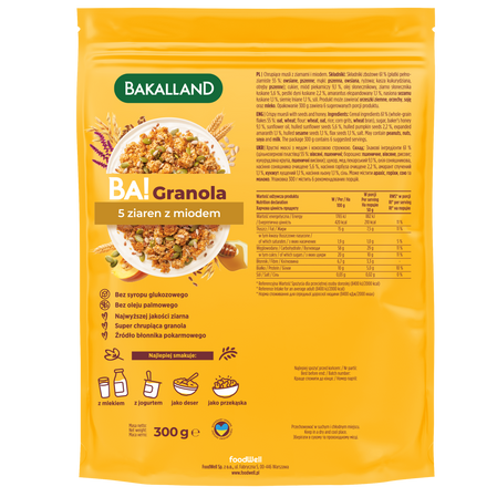 Bakalland BA! Granola 5 ziaren z miodem 300g pełnoziarnista