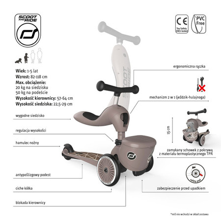 SCOOTANDRIDE Highwaykick 1 Lifestyle 2w1 Jeździk i hulajnoga z zamykanym schowkiem 1-5 lat Brown Lines