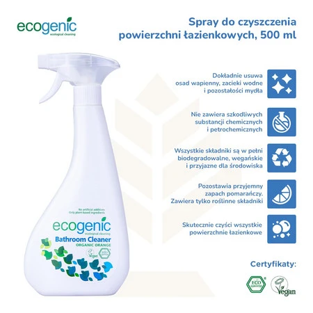 Ecogenic, Spray do czyszczenia powierzchni łazienkowych, Pomarańcza, 500 ml