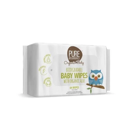 Pure Beginnings Organic Baby, Biodegradowalne chusteczki nawilżane z organicznym aloesem, 64szt.