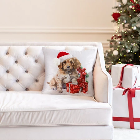 Poszewka świąteczna 45x45 cm – welwetowa ze świątecznym nadrukiem psa