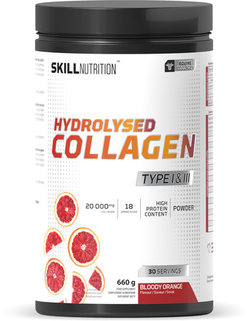 Skill Nutrition Hydrolysed Collagen Type I & III Hydrolizowane peptydy kolagen typu I i III na wsparcie stawów i ścięgien 660g smak czerwona pomarańcza