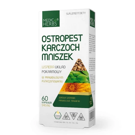 Zestaw: 1x Medica Herbs Ostropest Karczoch Mniszek 60 k., 1x Medica Herbs Fermentowany Czerwony Ryż + Karczoch 80 k., i 1x Medica Herbs Karczoch na wsparcie wątroby i układu pokarmowego 60 k.
